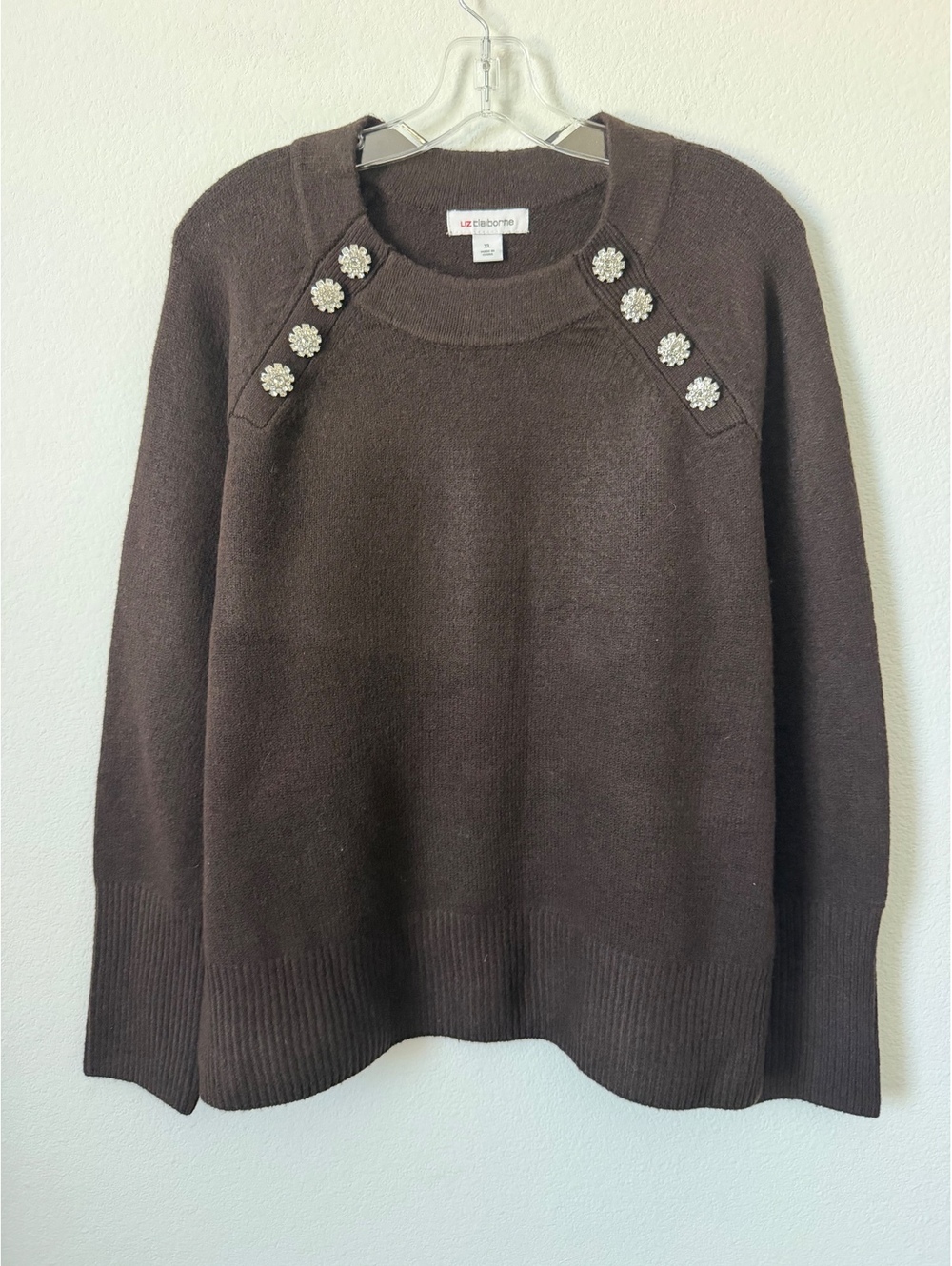 Liz Claiborne NWT Jeweled Rhinestone Button Long Sleeve Crewneck Sweater Size XL